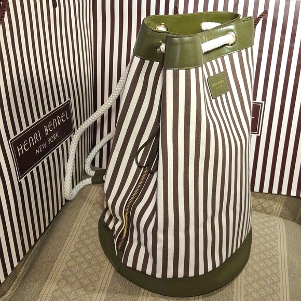 Henri Bendel Stripe Canvas Convertible Sling or Backpack With Green Trim